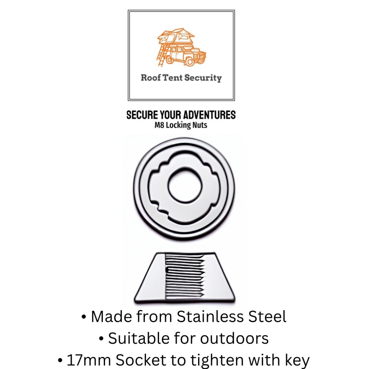 8 x M8 Roof Tent Anti-Theft High Security Lock Nut Set + Security Alarm Bundle