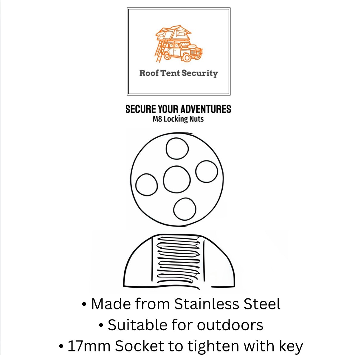 8 M8 Tentbox Roof Tent Security Locking Nuts and Key Lock